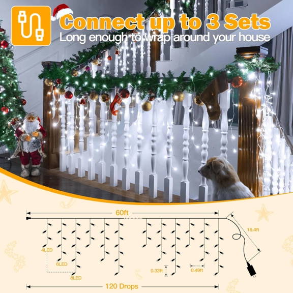 Cool White Icicle Lights 720 LED 60ft Connectable | Ollny